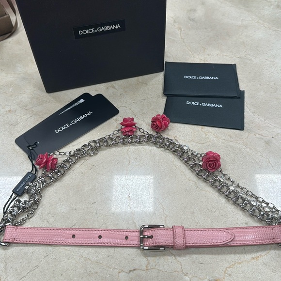 DOLCE & GABBANA PINK IGUANA TEXTURED LEATHER/SILVER CHAIN BELT W/ROSES CRYSTAL - Picture 13 of 16